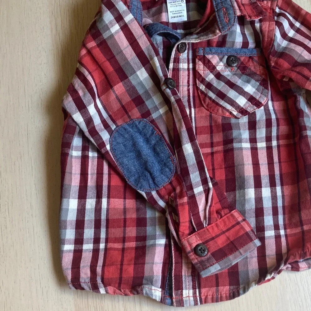 Baby Route 66 Red Plaid Button Down Shirt, Size 24 Months